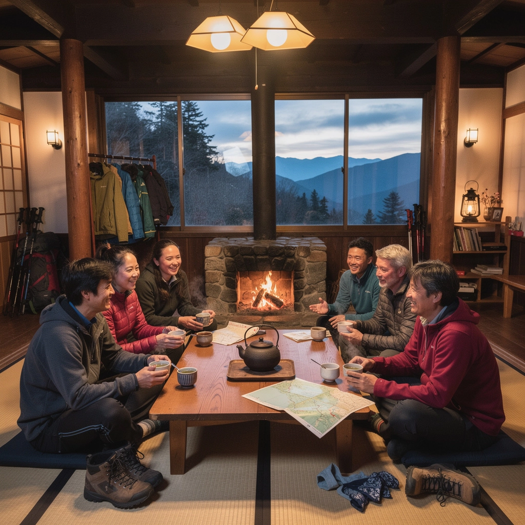 キャンプファイヤーの周りに集まる家族の楽しそうな様子