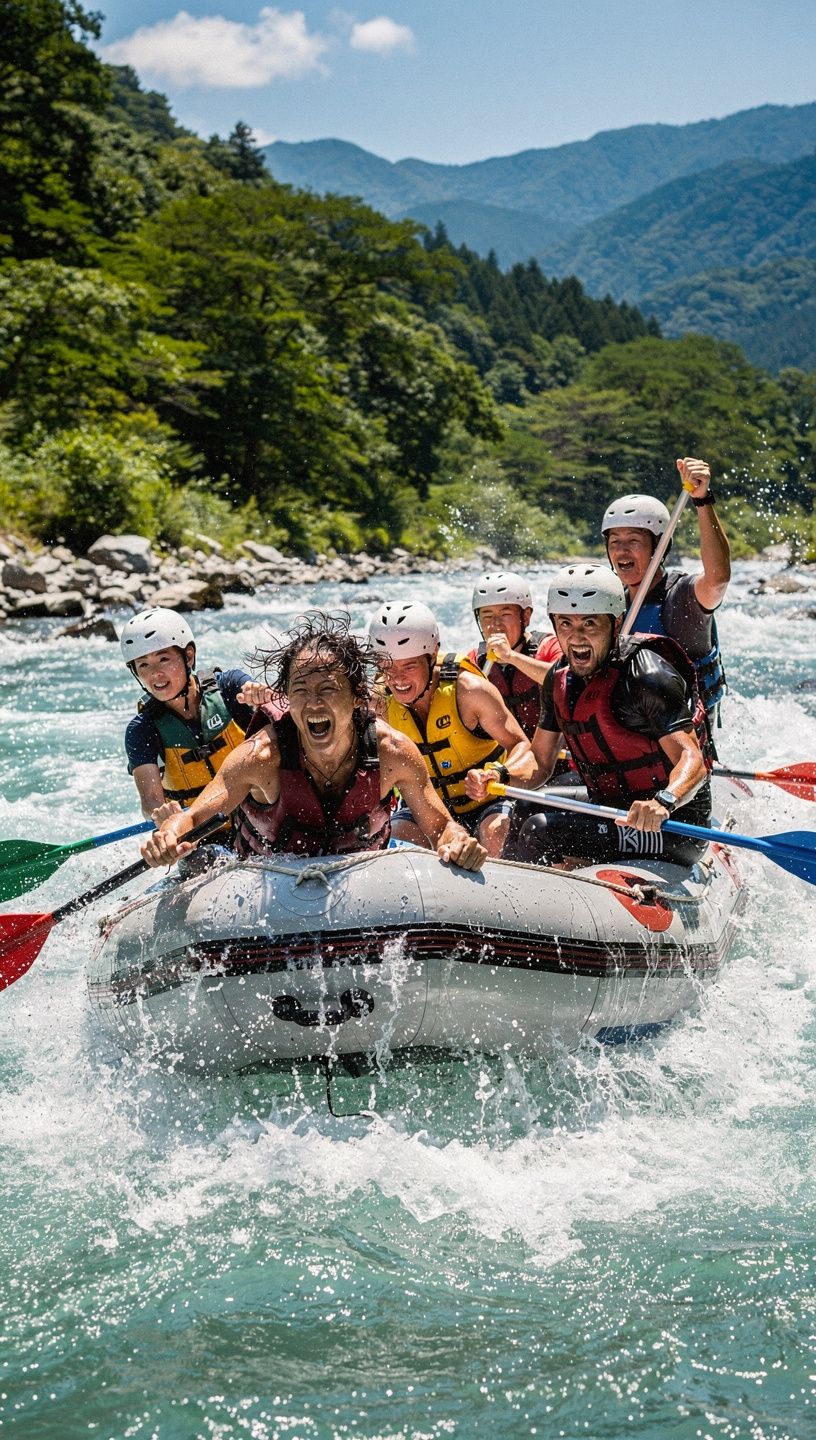キャンプ用品が並べられたテーブルの上での食事風景